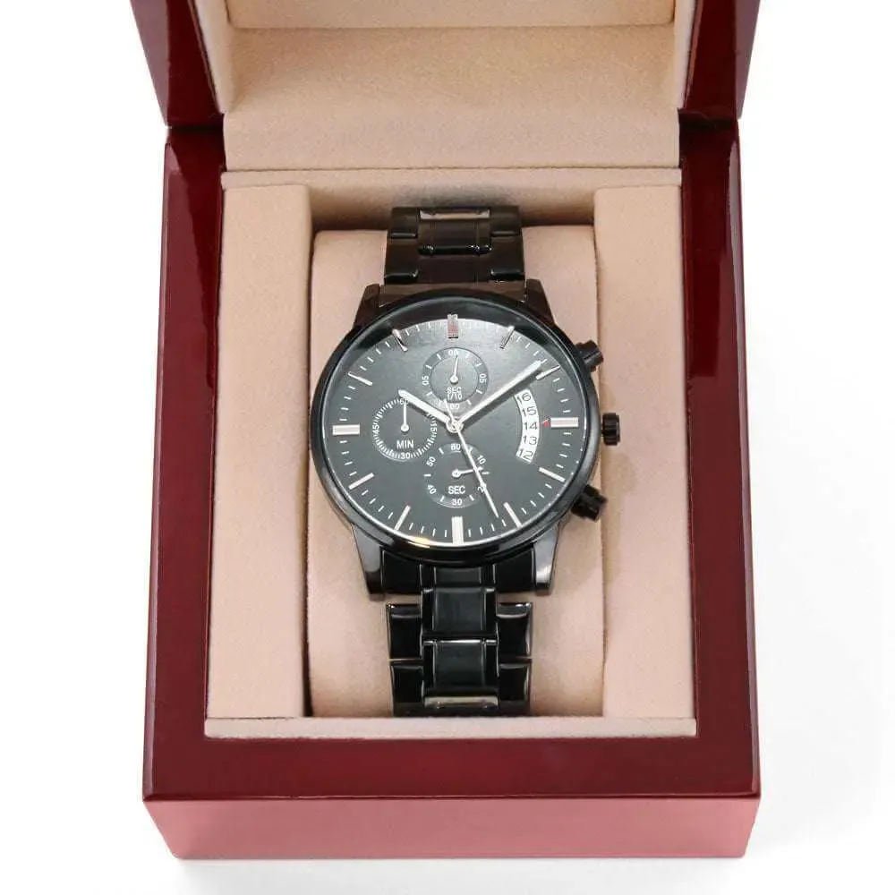 A Lasting Tribute: Engraved Black Chronograph Watch for Life's Special Moments