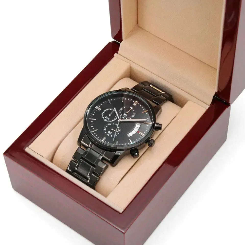 A Lasting Tribute: Engraved Black Chronograph Watch for Life's Special Moments