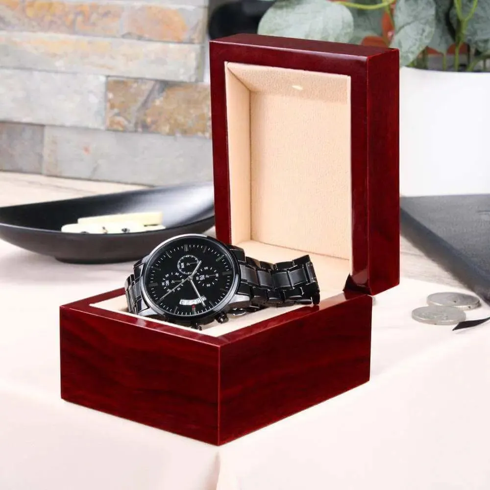 A Lasting Tribute: Engraved Black Chronograph Watch for Life's Special Moments