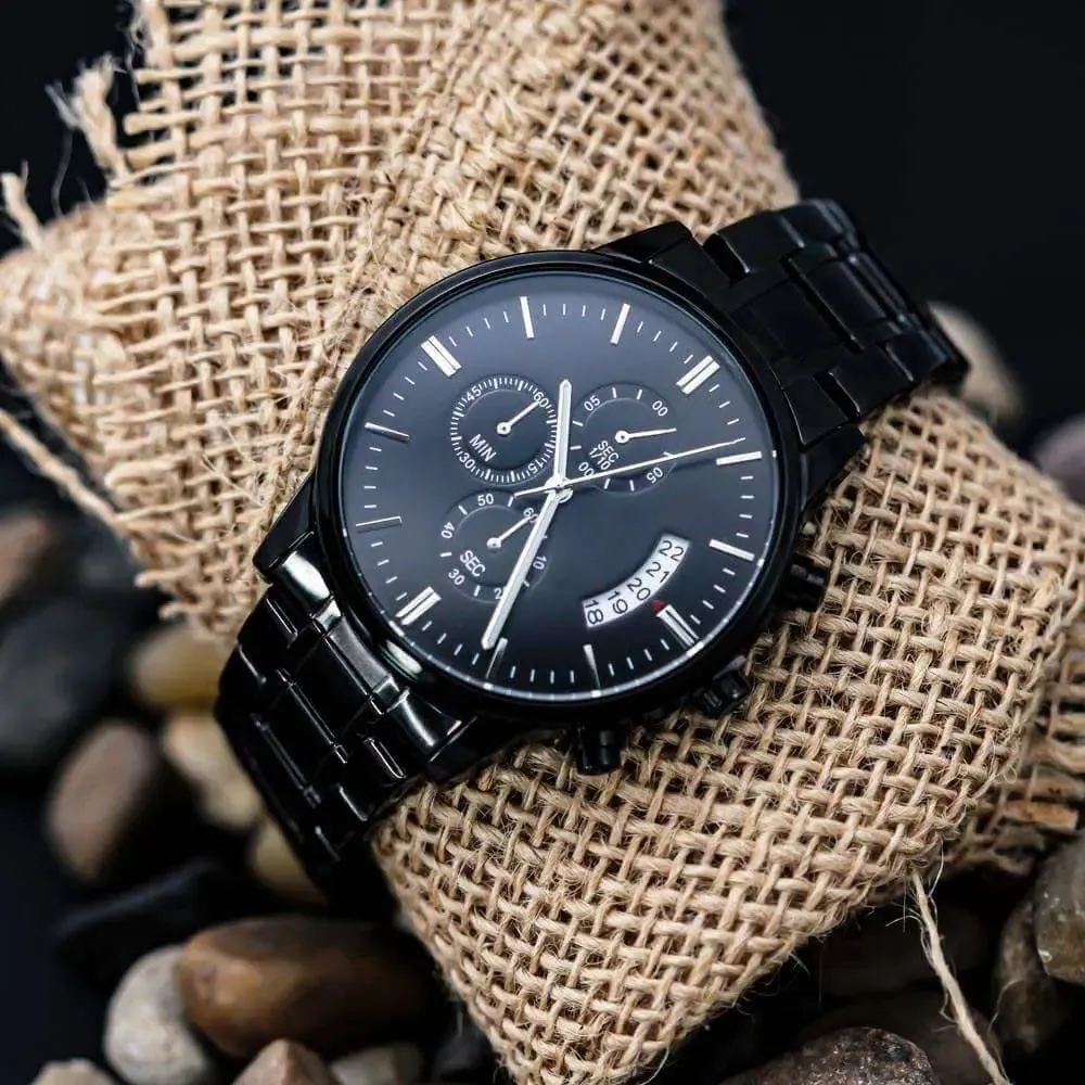 A Lasting Tribute: Engraved Black Chronograph Watch for Life's Special Moments