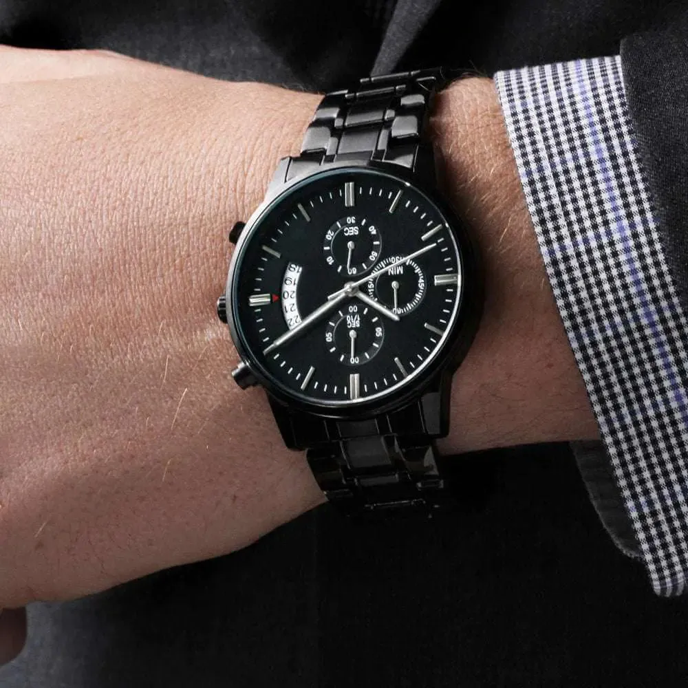 A Lasting Tribute: Engraved Black Chronograph Watch for Life's Special Moments