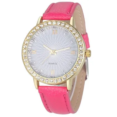 Analog Leather Quartz Crystal Diamond Watches for Women