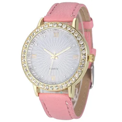 Analog Leather Quartz Crystal Diamond Watches for Women