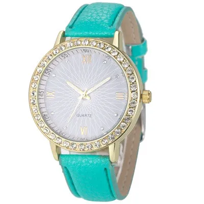 Analog Leather Quartz Crystal Diamond Watches for Women