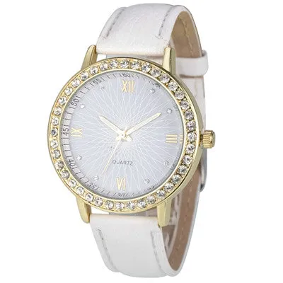 Analog Leather Quartz Crystal Diamond Watches for Women