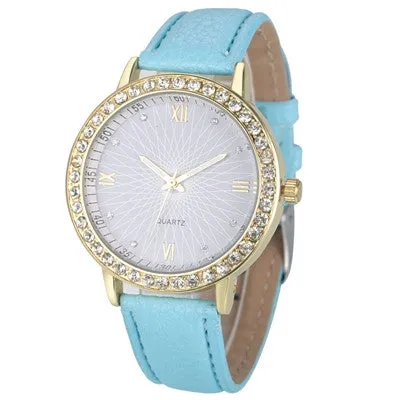 Analog Leather Quartz Crystal Diamond Watches for Women