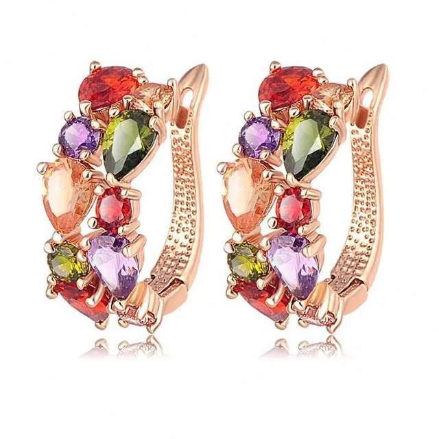 Beagloer Multicolor Earrings Rose Gold Color Micro Inlay AAA Cubic Zirconia Stud Earring For Women Red Pink White CER0143