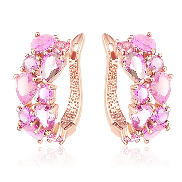 Beagloer Multicolor Earrings Rose Gold Color Micro Inlay AAA Cubic Zirconia Stud Earring For Women Red Pink White CER0143