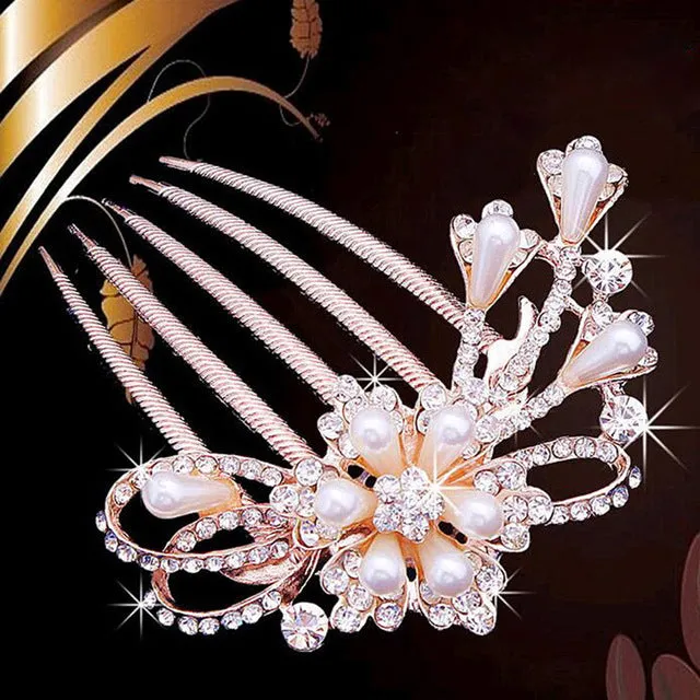 bride hairpin Peacock pearl flowers Wedding crystal rhinestone pearl flower hairpin diamante clip hair comb pin comb 2MOB