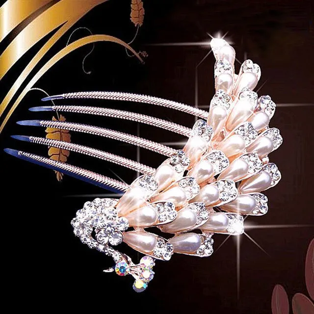 bride hairpin Peacock pearl flowers Wedding crystal rhinestone pearl flower hairpin diamante clip hair comb pin comb 2MOB