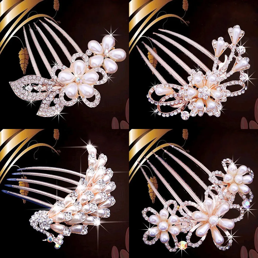 bride hairpin Peacock pearl flowers Wedding crystal rhinestone pearl flower hairpin diamante clip hair comb pin comb 2MOB