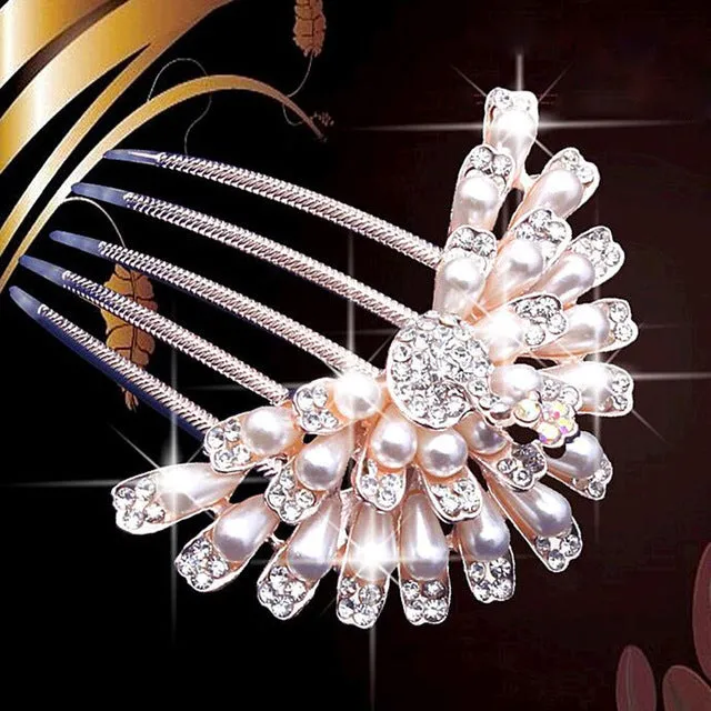 bride hairpin Peacock pearl flowers Wedding crystal rhinestone pearl flower hairpin diamante clip hair comb pin comb 2MOB