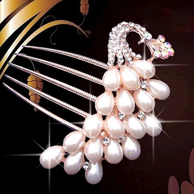 bride hairpin Peacock pearl flowers Wedding crystal rhinestone pearl flower hairpin diamante clip hair comb pin comb 2MOB