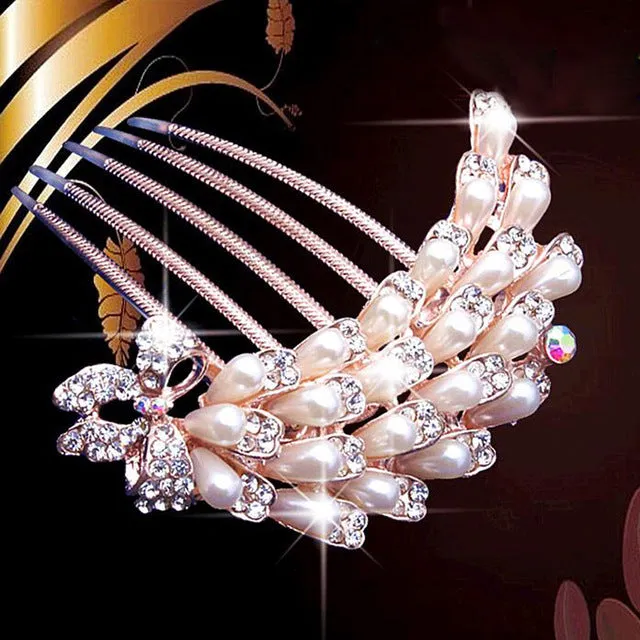 bride hairpin Peacock pearl flowers Wedding crystal rhinestone pearl flower hairpin diamante clip hair comb pin comb 2MOB