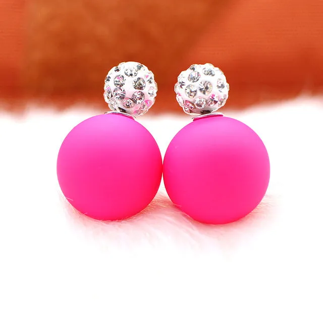 Bright two ball Earring Double side Stud Earring Crystal For Women Korea party date Statement Jewelry brinco boucle d'oreille