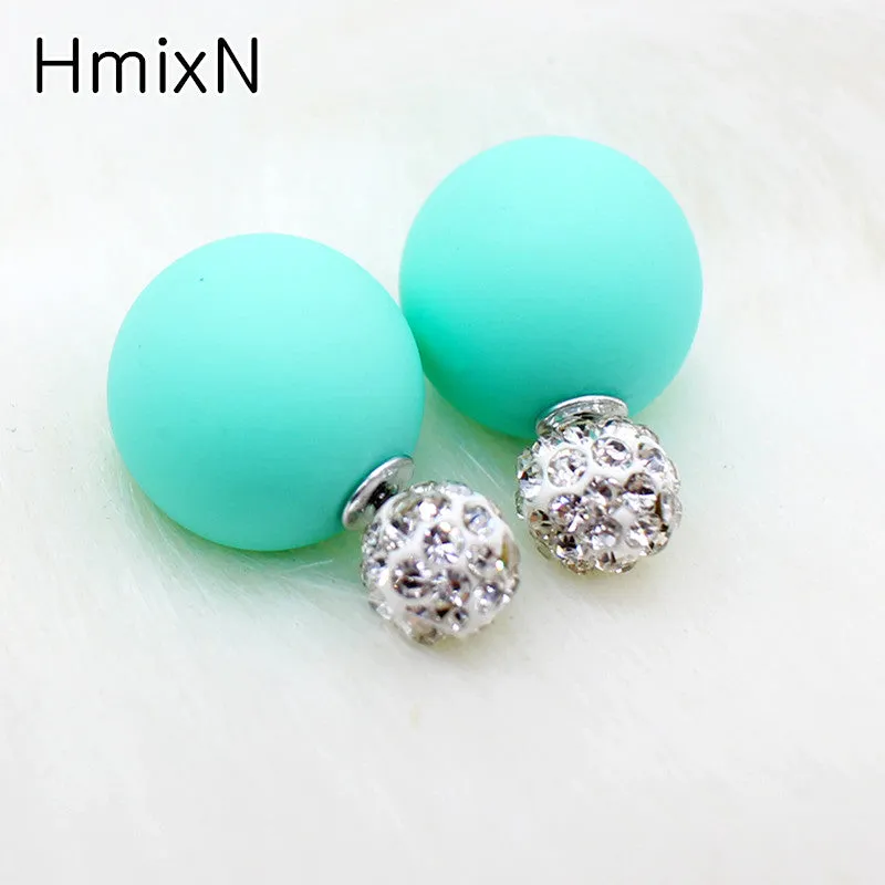 Bright two ball Earring Double side Stud Earring Crystal For Women Korea party date Statement Jewelry brinco boucle d'oreille