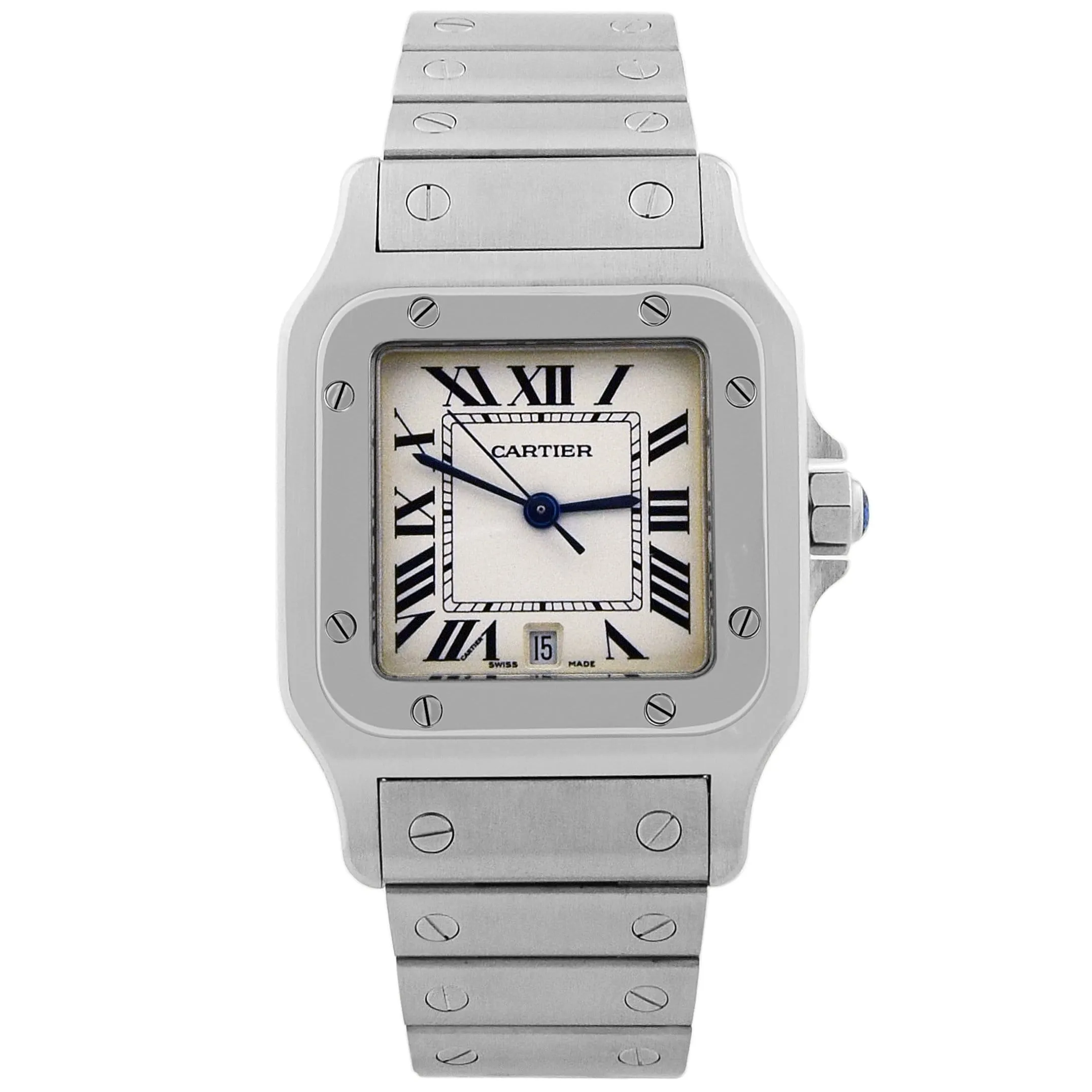 Cartier Ladies Quartz Santos Galbee Stainless Steel 34.8 mm x 26.2 mm Silver Roman Dial Watch Reference #: W20056D6