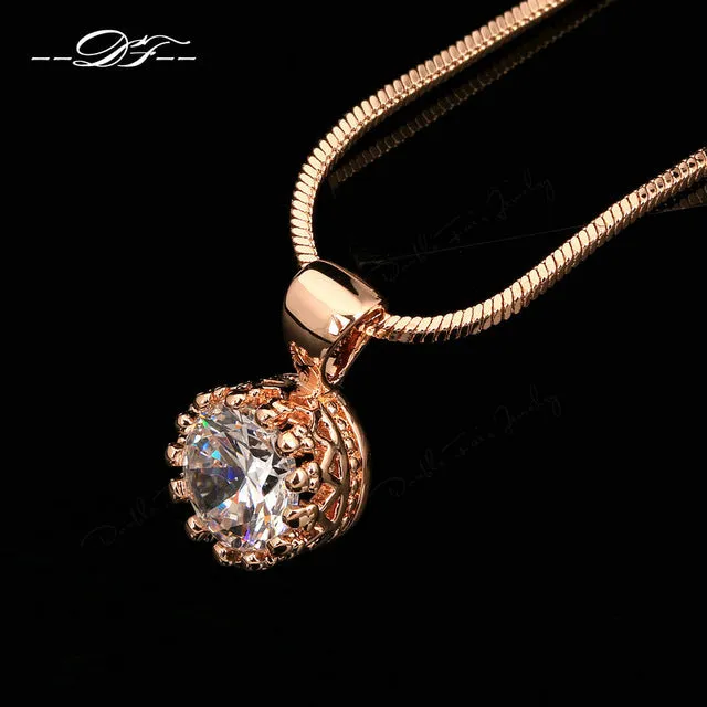 Double Fair Brand Unique Crown Cubic Zirconia Necklaces &Pendants Silver/Rose Gold Color Chain Fashion Jewelry For Women DFN390