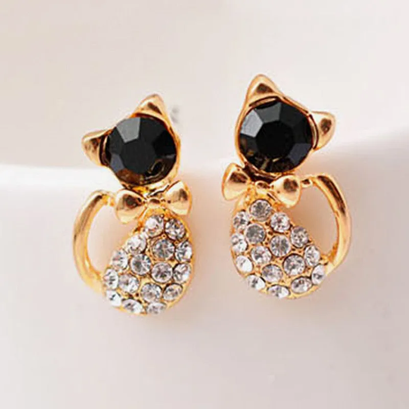 EK120 Pendientes New Brinco Fashion Animal Bijoux Cute Crystal Bow Gem Kitty Cat Stud Earrings For Women Wedding Girl Jewelry