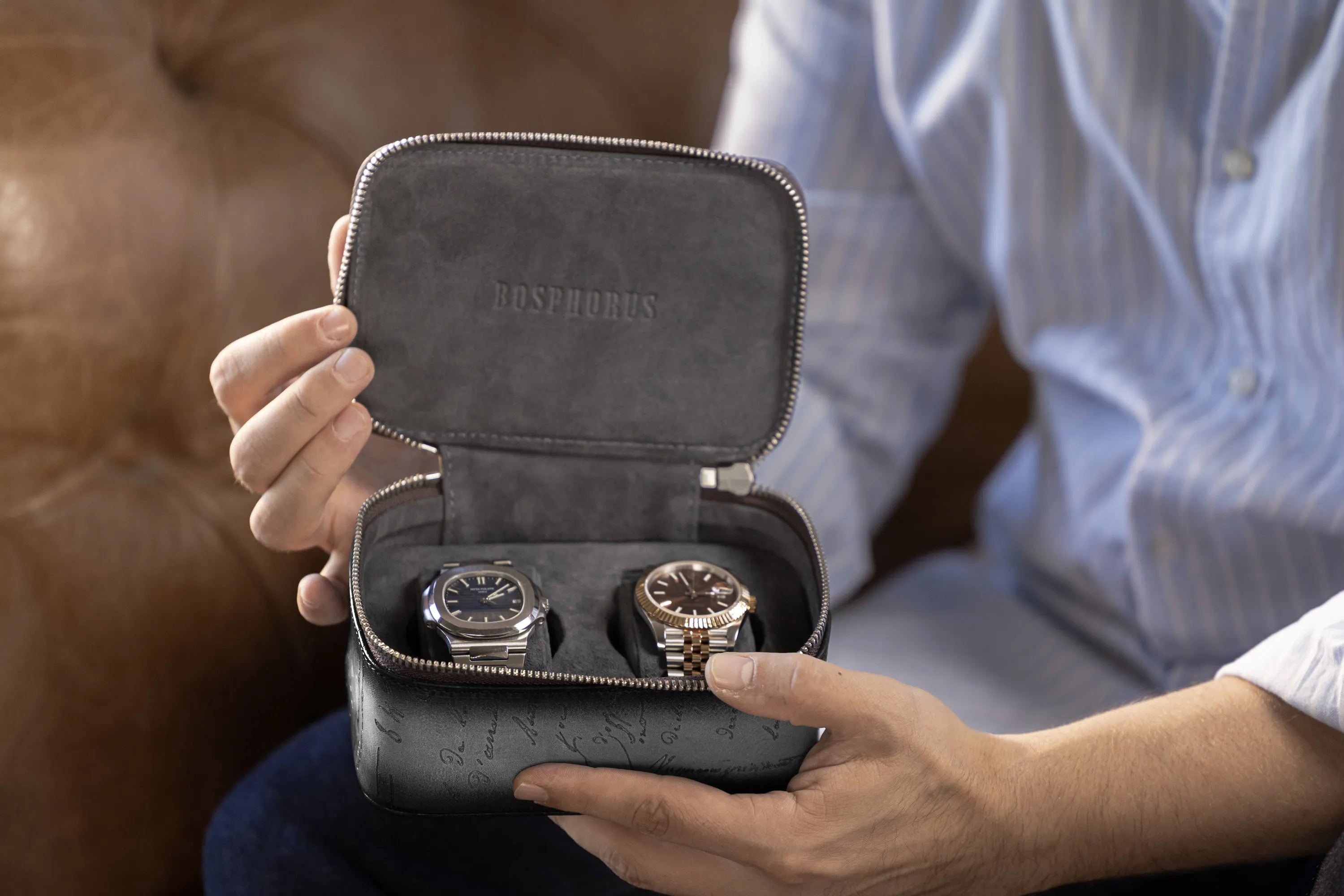 Ephesus Watch Case - Parchment Patina Grey For 2 Watches