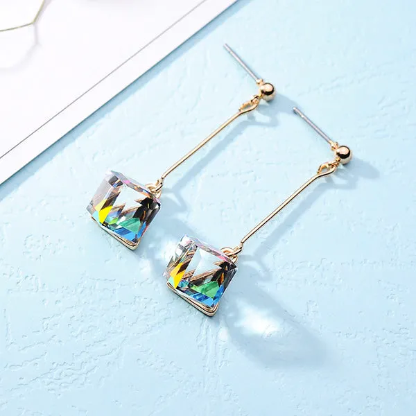 Fashion Long Earrings For Woman Jewelry Brincos Imitation Rhodium/ Gold-color Hot Sale Colorful Cube Crystal Stud Earring