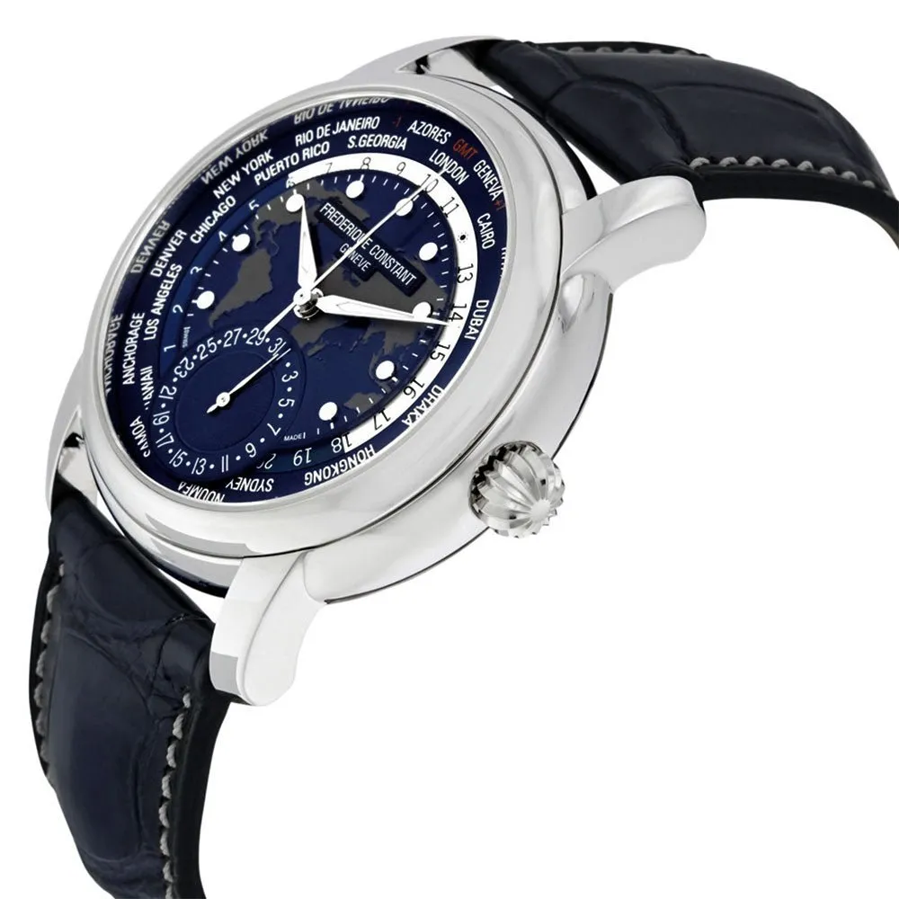 Frederique Constant Classic Worldtimer Manufacture Automatic Blue Dial Blue Leather Strap Mens Watch FC-718NWM4H6