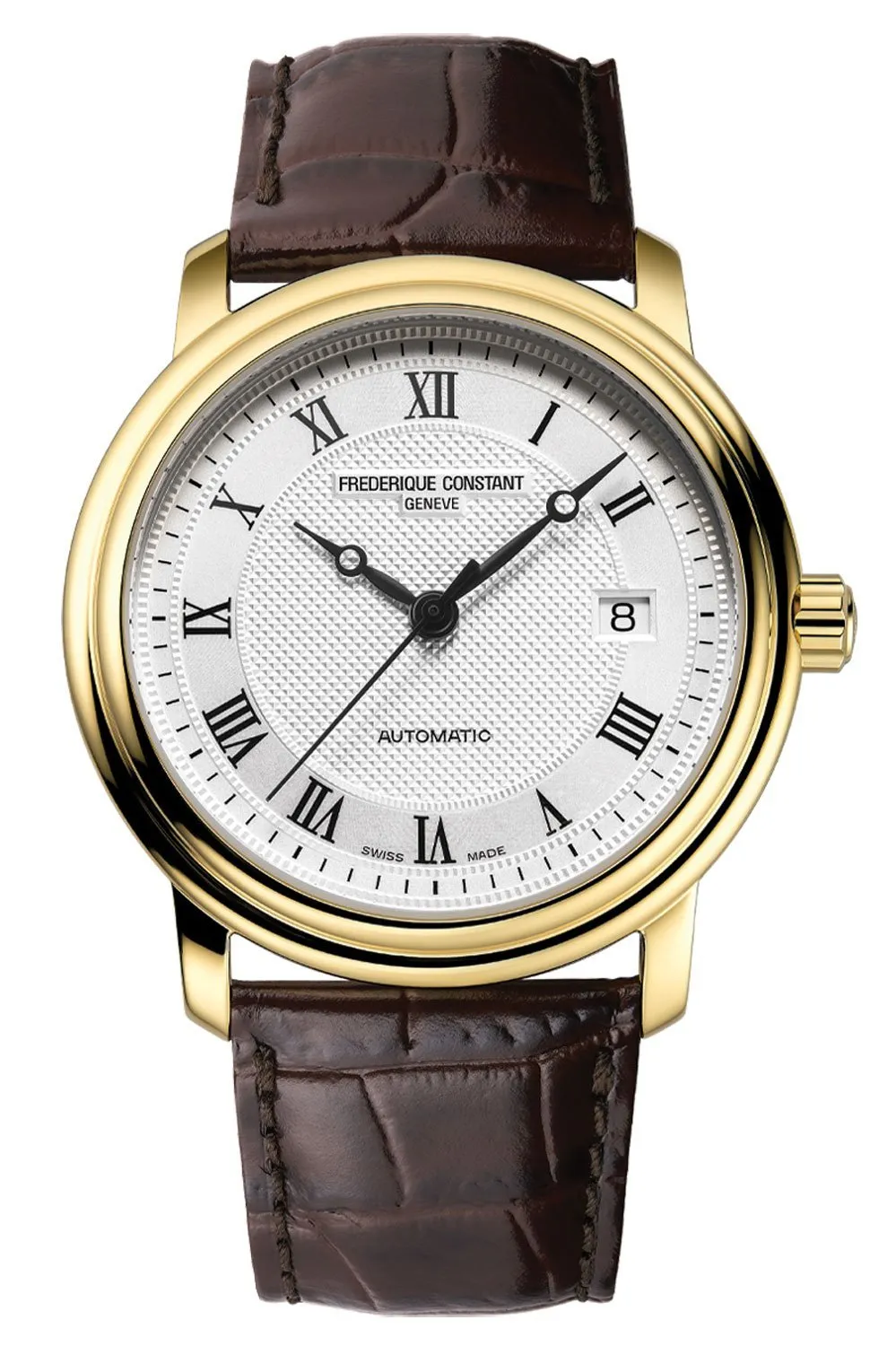 Frederique Constant Classics Automatic Gold Plated Stainless Steel Silver Dial Date Brown Leather Strap Mens Watch FC-303MC4P5