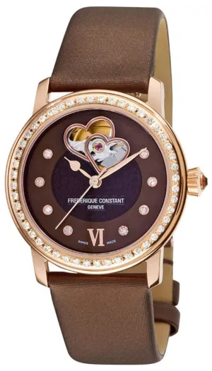 Frederique Constant Double Heart Beat Automatic Rose Gold Plated Steel Brown Satin Womens Watch FC-310CDHB2PD4