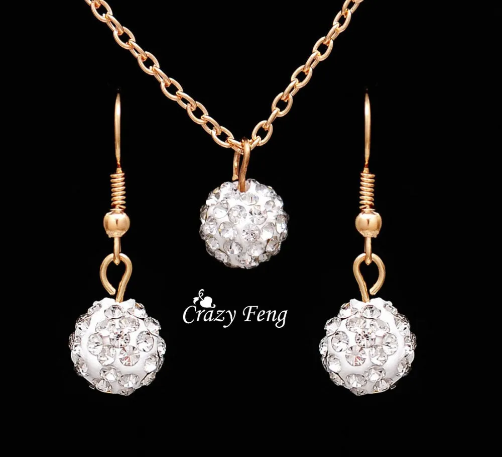 Free shipping New Fashion women Jewelry Sets Rhinestone ball Necklace Earrings Dangle Pendants Gold Color Crystal Party gift