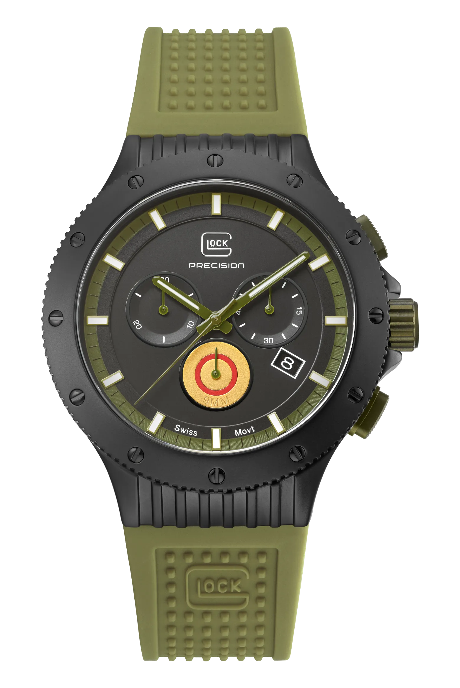 Gents Black Titanium Glock Watch with Black Dial and Green Silicone Strap