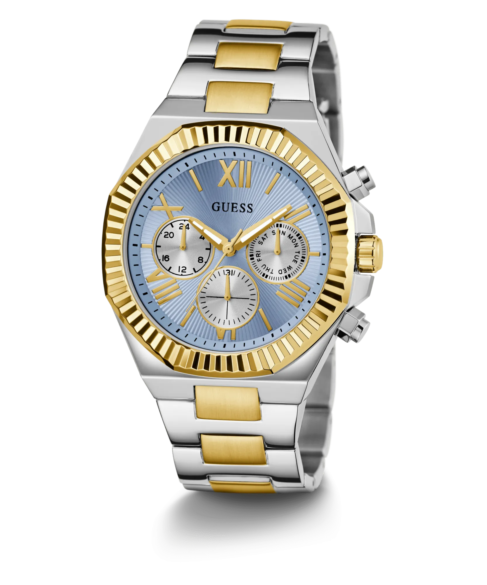 Guess Equity Brushed Silver Tone Case With Polished Gold Tone Bezel With Sunray Glacial Blue Multifunction Dial And Brushed And Polished Two Tone Bracelet GW0703G3