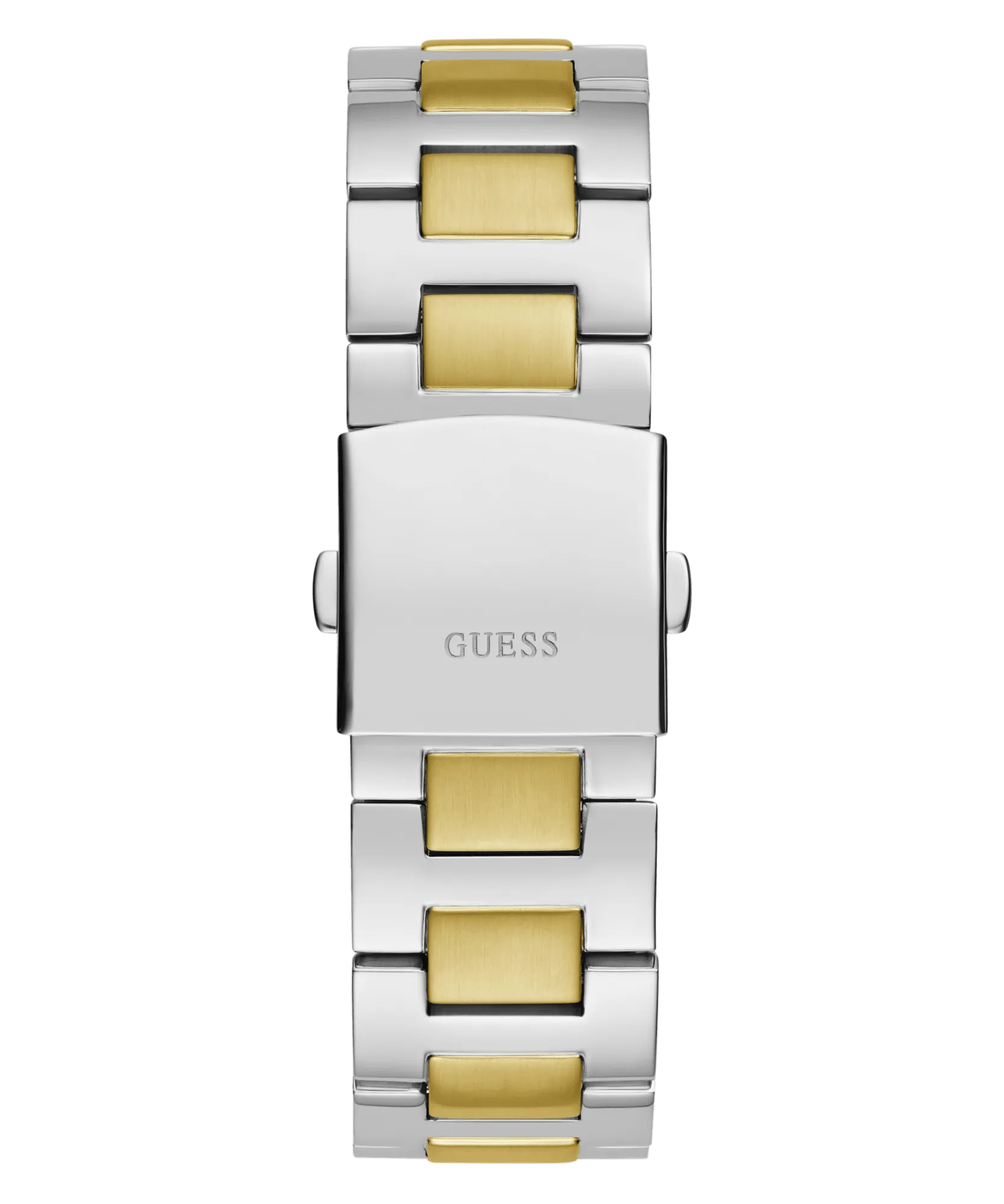 Guess Equity Brushed Silver Tone Case With Polished Gold Tone Bezel With Sunray Glacial Blue Multifunction Dial And Brushed And Polished Two Tone Bracelet GW0703G3