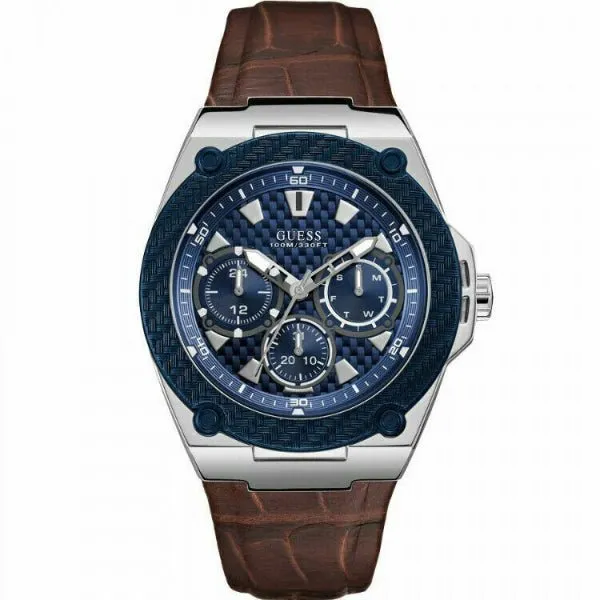 Guess Legacy Brown Leather Strap Blue Dial Quartz Watch for Gents - W1058G4