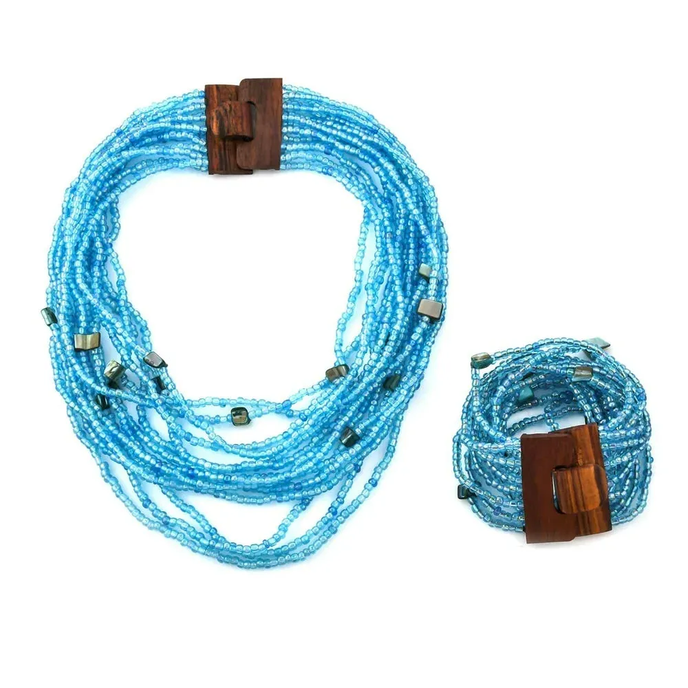 Handmade Seed Bead Wooden Buckle Stretchable Bracelet Multi Strand Boho Necklace Jewelry Set Women 18" Birthday Mothers Day Gifts for Mom