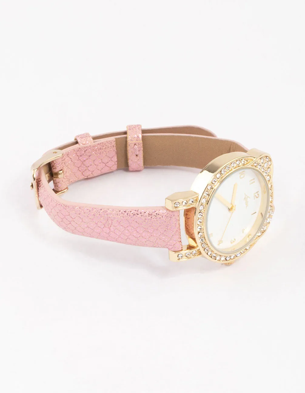 Kids Diamante & Glitter Cat Faux Leather Watch