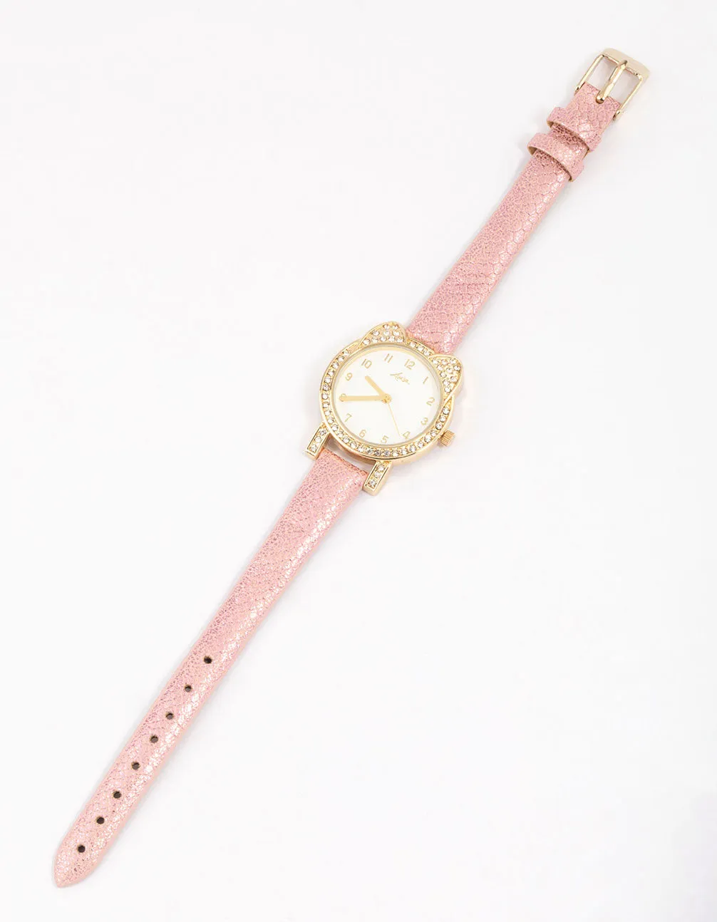 Kids Diamante & Glitter Cat Faux Leather Watch