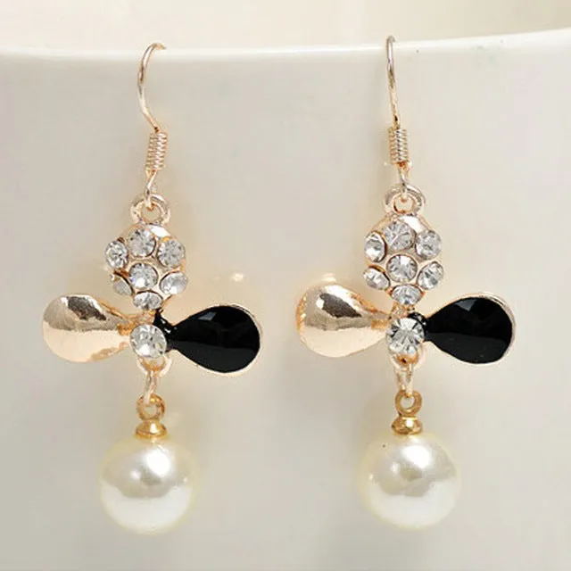 LNRRABC Crystal  Women Dangle Earrings Rose Flower Simulated Pearl Metal Long Drop Earings Ladies Wedding Party Fashion Jewelry