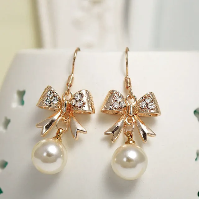 LNRRABC Crystal  Women Dangle Earrings Rose Flower Simulated Pearl Metal Long Drop Earings Ladies Wedding Party Fashion Jewelry