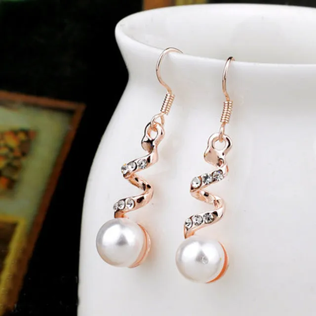 LNRRABC Crystal  Women Dangle Earrings Rose Flower Simulated Pearl Metal Long Drop Earings Ladies Wedding Party Fashion Jewelry