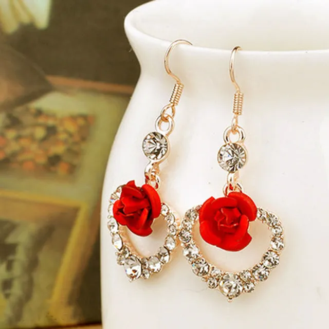 LNRRABC Crystal  Women Dangle Earrings Rose Flower Simulated Pearl Metal Long Drop Earings Ladies Wedding Party Fashion Jewelry