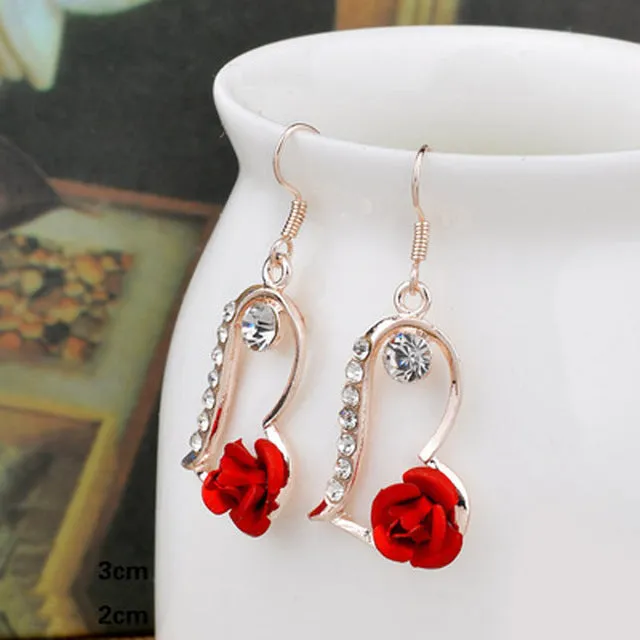 LNRRABC Crystal  Women Dangle Earrings Rose Flower Simulated Pearl Metal Long Drop Earings Ladies Wedding Party Fashion Jewelry