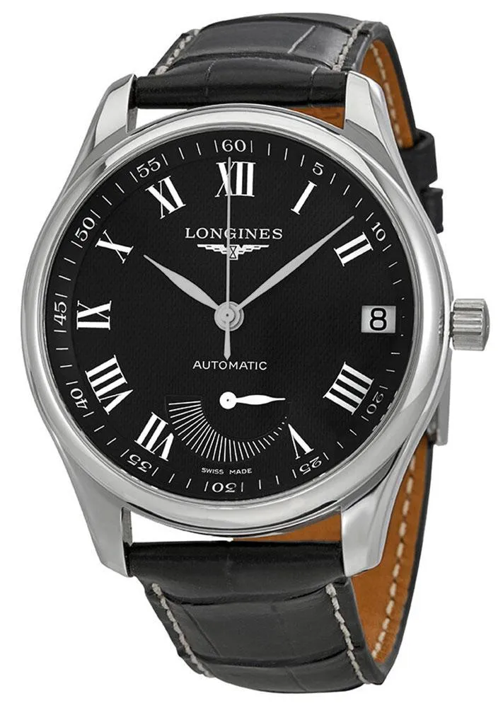 Longines Master Collection Automatic Stainless Steel Black Leather Strap Black Dial Power Reserve Indicator Date Mens Watch L2.666.4.51.7