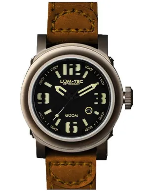 Lum-Tec Mens Abyss Automatic - Black Dial - Brown Leather Strap - Date - 600m