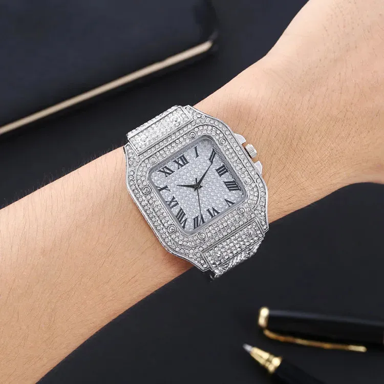 Luxury Moissanite Iced Out Watch - Unisex, Diamond-Studded Stainless Steel.