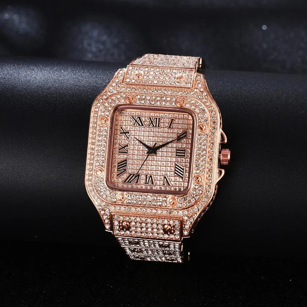 Luxury Moissanite Iced Out Watch - Unisex, Diamond-Studded Stainless Steel.