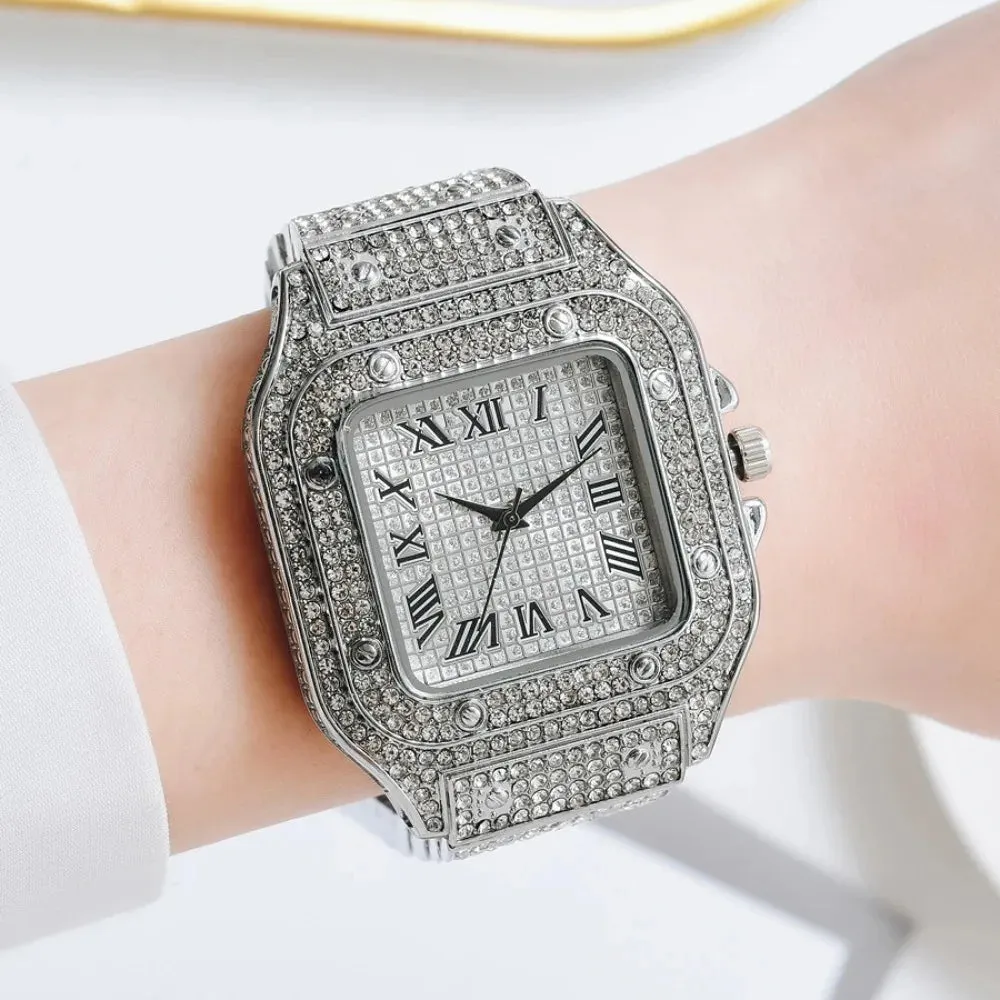 Luxury Moissanite Iced Out Watch - Unisex, Diamond-Studded Stainless Steel.