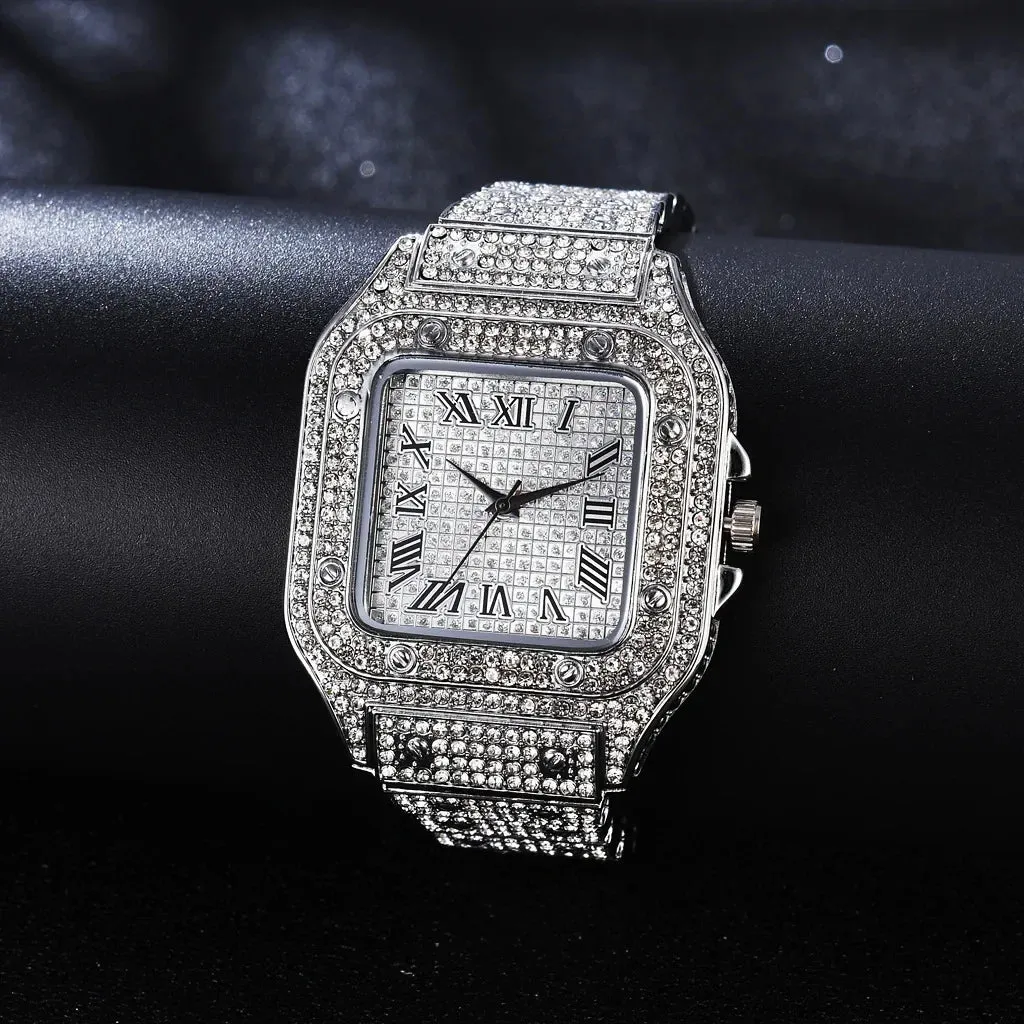 Luxury Moissanite Iced Out Watch - Unisex, Diamond-Studded Stainless Steel.