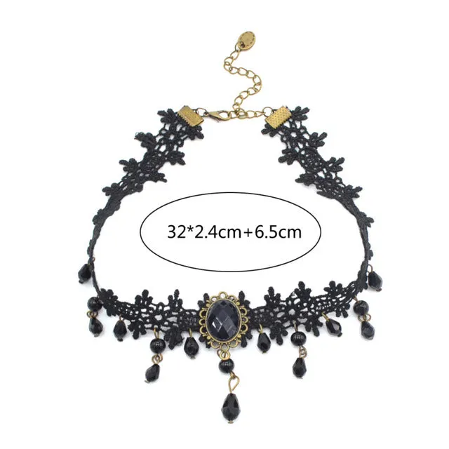 Lychee Gothic Victorian Crystal Tassel Tattoo Choker Necklace Black Lace Choker Collar Vintage Women Wedding Jewelry