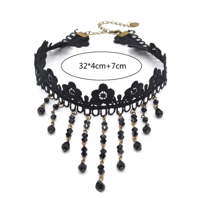 Lychee Gothic Victorian Crystal Tassel Tattoo Choker Necklace Black Lace Choker Collar Vintage Women Wedding Jewelry