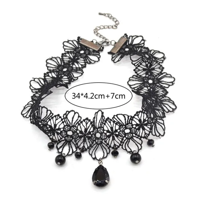 Lychee Gothic Victorian Crystal Tassel Tattoo Choker Necklace Black Lace Choker Collar Vintage Women Wedding Jewelry